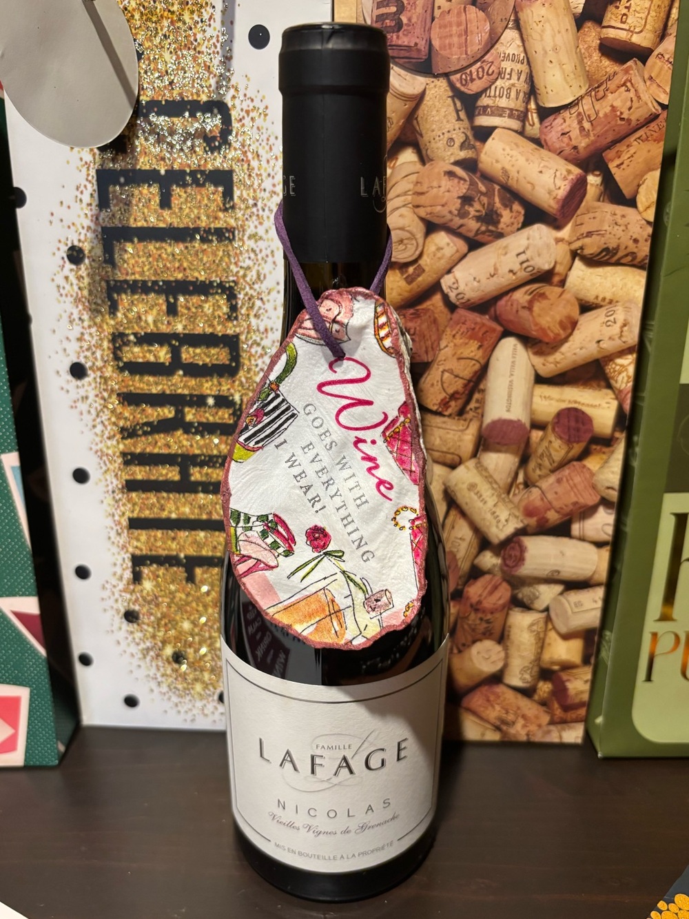Handmade decoupage wine ornament. Wine goes with everything I wear.